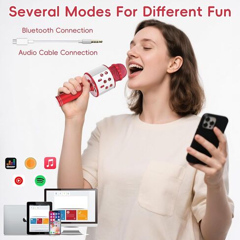 Wireless Bluetooth Karaoke Microphone for Kids, 5-in-1 Portable Handheld Karaoke Mic Speaker Player Recorder with Adjustable Remix FM Radio for Kids Girls Boys Teens Birthday (Red) in Saudi Arabia
