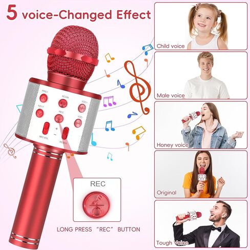 Wireless Bluetooth Karaoke Microphone for Kids, 5-in-1 Portable Handheld Karaoke Mic Speaker Player Recorder with Adjustable Remix FM Radio for Kids Girls Boys Teens Birthday (Red) in Saudi Arabia