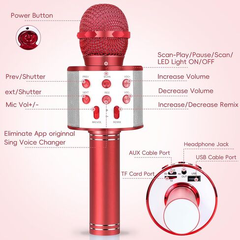 Wireless Bluetooth Karaoke Microphone for Kids, 5-in-1 Portable Handheld Karaoke Mic Speaker Player Recorder with Adjustable Remix FM Radio for Kids Girls Boys Teens Birthday (Red) in Saudi Arabia