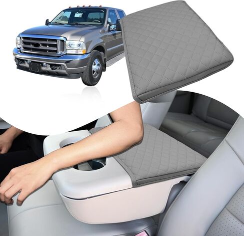 غطاء مسند ذراع وحدة التحكم المركزية متوافق مع Ford F250 F350 F450 1999-2010 & F550 2001-2005 غطاء وسادة صندوق مسند ذراع جلدي وسادة وحدة التحكم الوسطى رمادي (مقعد القفز فقط) in Kuwait