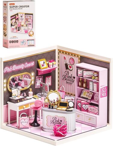Rolife Super Creator Pink Beauty Secret DIY Miniature House Kit - No Glue Plastic Click-Assembly Dollhouse with Type-C LED Light - Stackable Room Box Toy for Adults and Teens (115 PCS) in Kuwait