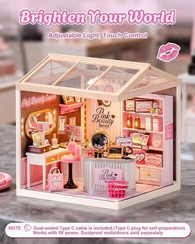 Rolife Super Creator Pink Beauty Secret DIY Miniature House Kit - No Glue Plastic Click-Assembly Dollhouse with Type-C LED Light - Stackable Room Box Toy for Adults and Teens (115 PCS) in Kuwait