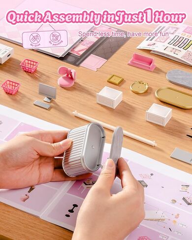 Rolife Super Creator Pink Beauty Secret DIY Miniature House Kit - No Glue Plastic Click-Assembly Dollhouse with Type-C LED Light - Stackable Room Box Toy for Adults and Teens (115 PCS) in Kuwait