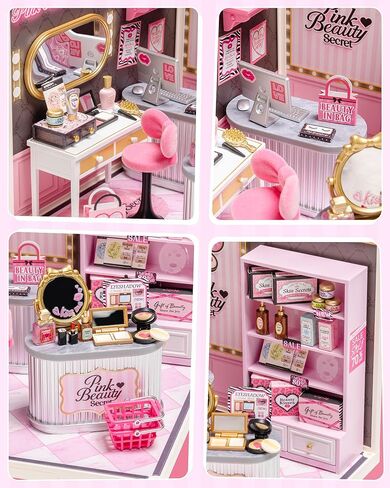 Rolife Super Creator Pink Beauty Secret DIY Miniature House Kit - No Glue Plastic Click-Assembly Dollhouse with Type-C LED Light - Stackable Room Box Toy for Adults and Teens (115 PCS) in Kuwait