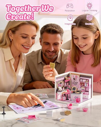 Rolife Super Creator Pink Beauty Secret DIY Miniature House Kit - No Glue Plastic Click-Assembly Dollhouse with Type-C LED Light - Stackable Room Box Toy for Adults and Teens (115 PCS) in Kuwait