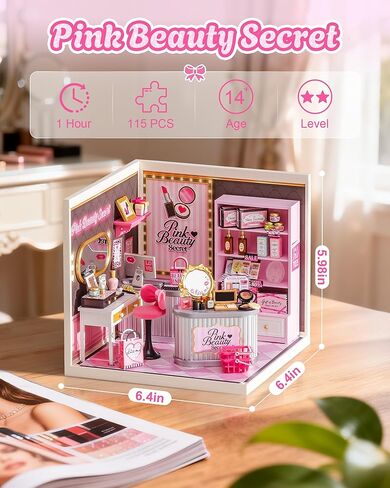 Rolife Super Creator Pink Beauty Secret DIY Miniature House Kit - No Glue Plastic Click-Assembly Dollhouse with Type-C LED Light - Stackable Room Box Toy for Adults and Teens (115 PCS) in Kuwait