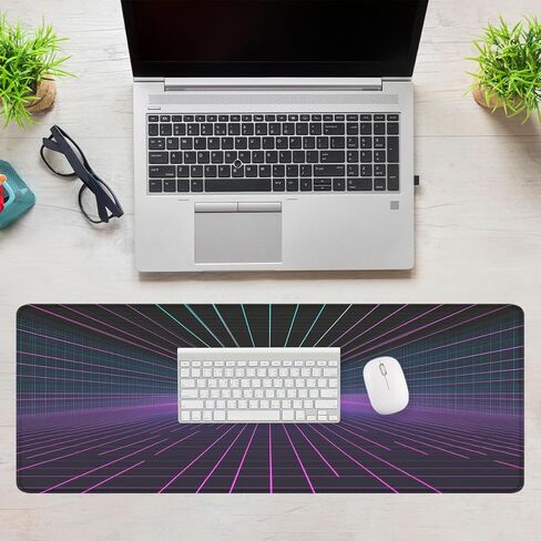 Cyber Grid Mouse Pad, Retro Neon Synthwave Background Gaming Desk Mat with Stitched Edges,Non-Slip Waterproof Rubber Base Mouse Mat, 31.5x11.8in Mouse Pads for Desk Home Office Gaming in Kuwait