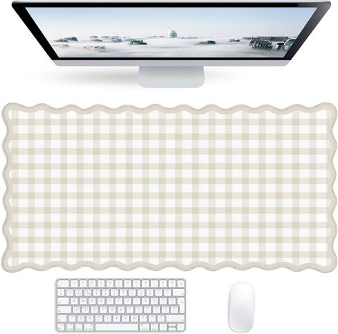 Checkered Pink Scalloped Mouse Pad,Cute Kawaii Gingham Large Desk Mat Non-Slip Rubber Base,Aesthetic Decor Gaming Computer Desk Pad for Office Laptop Mouse Keyboard Pad, 31.5" x 15.7", XL in Saudi Arabia