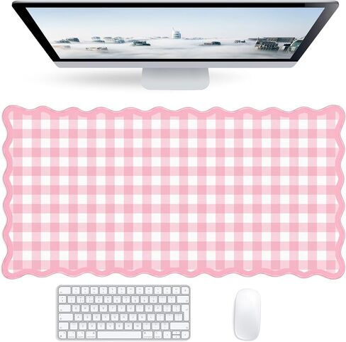 Checkered Pink Scalloped Mouse Pad,Cute Kawaii Gingham Large Desk Mat Non-Slip Rubber Base,Aesthetic Decor Gaming Computer Desk Pad for Office Laptop Mouse Keyboard Pad, 31.5" x 15.7", XL in Saudi Arabia