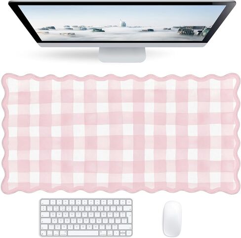 Checkered Pink Scalloped Mouse Pad,Cute Kawaii Gingham Large Desk Mat Non-Slip Rubber Base,Aesthetic Decor Gaming Computer Desk Pad for Office Laptop Mouse Keyboard Pad, 31.5" x 15.7", XL in Saudi Arabia