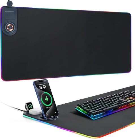 ELUTENG 4-in-1 RGB Gaming Mouse Pad with Phone Holder, Wireless Charging Desk Mat, Waterproof Ultra-Smooth Large Keyboard Pad, Non-Slip Base Home Office Desk Mat 35.43"x15.75" in Kuwait