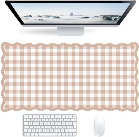 Checkered Pink Scalloped Mouse Pad,Cute Kawaii Gingham Large Desk Mat Non-Slip Rubber Base,Aesthetic Decor Gaming Computer Desk Pad for Office Laptop Mouse Keyboard Pad, 31.5" x 15.7", XL in Saudi Arabia