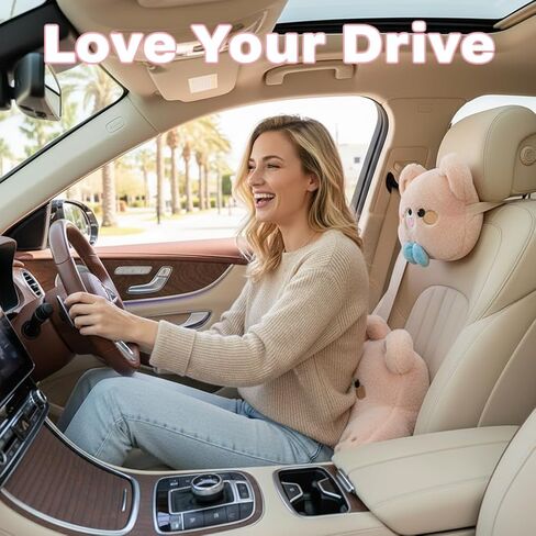 Cute Plush Bear Car Headrest & Lumbar Support Set, Soft Neck & Back Support Pillow for Comfortable Driving All Season in Kuwait