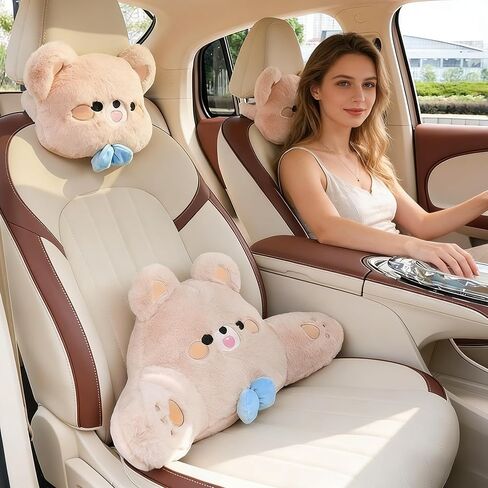 Cute Plush Bear Car Headrest & Lumbar Support Set, Soft Neck & Back Support Pillow for Comfortable Driving All Season in Kuwait