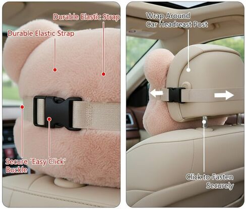 Cute Plush Bear Car Headrest & Lumbar Support Set, Soft Neck & Back Support Pillow for Comfortable Driving All Season in Kuwait