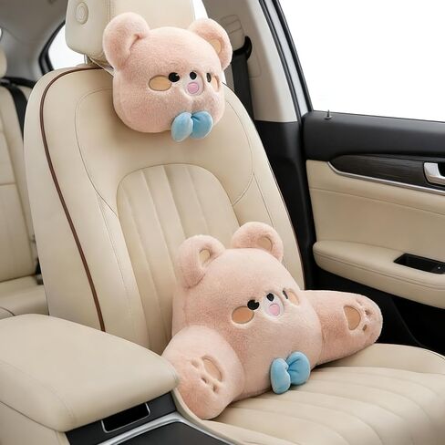 Cute Plush Bear Car Headrest & Lumbar Support Set, Soft Neck & Back Support Pillow for Comfortable Driving All Season in Kuwait