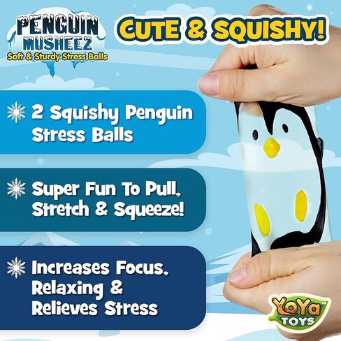 YoYa Toys Musheez Penguin Squishy Stress Balls 2-Pack - Sensory Fidget Toy - Fun to Squeeze and Stretch - Soft Penguin Squishies Stress Relief Ball for Kids - Cute for Boys and Girls in Saudi Arabia