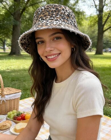 Women Fashion Leopard Print Bucket Hat Sun Hat Tassel Edge Fisherman Cap in Saudi Arabia