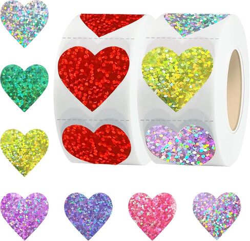 1000 Pcs Glitter Heart Stickers, 1 Inch Father's Day Foil Shiny Love Shape Label, Self Adhesive Holographic Laser Red & Assorted Color Decals for Wedding Envelope Teacher Reward Scrapbooking (2 Rolls) in Saudi Arabia