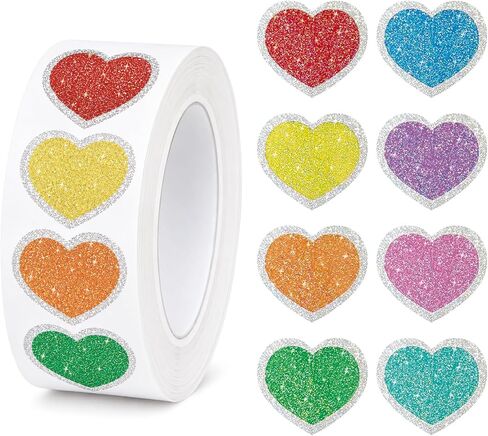 1000 Pcs Glitter Heart Stickers, 1 Inch Father's Day Foil Shiny Love Shape Label, Self Adhesive Holographic Laser Red & Assorted Color Decals for Wedding Envelope Teacher Reward Scrapbooking (2 Rolls) in Saudi Arabia