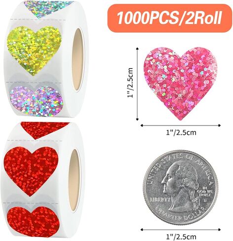 1000 Pcs Glitter Heart Stickers, 1 Inch Father's Day Foil Shiny Love Shape Label, Self Adhesive Holographic Laser Red & Assorted Color Decals for Wedding Envelope Teacher Reward Scrapbooking (2 Rolls) in Saudi Arabia