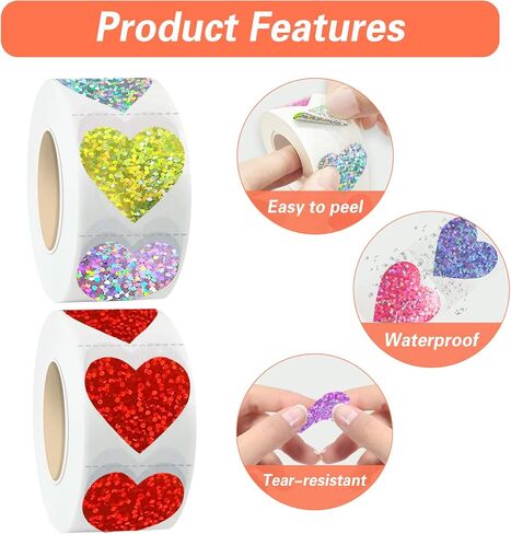1000 Pcs Glitter Heart Stickers, 1 Inch Father's Day Foil Shiny Love Shape Label, Self Adhesive Holographic Laser Red & Assorted Color Decals for Wedding Envelope Teacher Reward Scrapbooking (2 Rolls) in Saudi Arabia