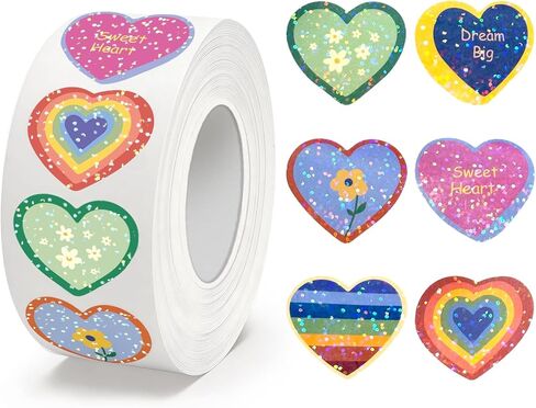 1000 Pcs Glitter Heart Stickers, 1 Inch Father's Day Foil Shiny Love Shape Label, Self Adhesive Holographic Laser Red & Assorted Color Decals for Wedding Envelope Teacher Reward Scrapbooking (2 Rolls) in Saudi Arabia
