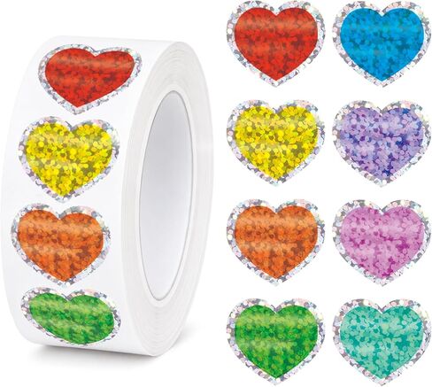 1000 Pcs Glitter Heart Stickers, 1 Inch Father's Day Foil Shiny Love Shape Label, Self Adhesive Holographic Laser Red & Assorted Color Decals for Wedding Envelope Teacher Reward Scrapbooking (2 Rolls) in Saudi Arabia