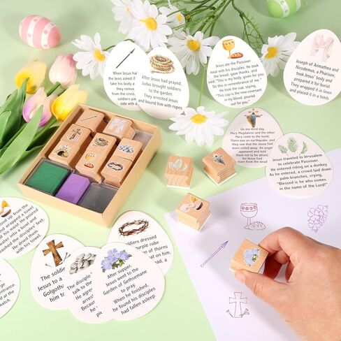 HOWAF Christian Easter Gifts Set, Include 12pcs Resurrection Eggs Stamps and 12 Religious Easter Story Cards for Resurrection Decoration, He is Riren Inking Stamps, Jesus Lives Story Rubber Stampers in Kuwait