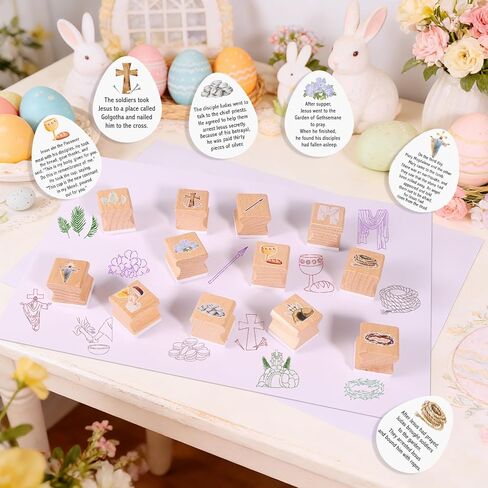 HOWAF Christian Easter Gifts Set, Include 12pcs Resurrection Eggs Stamps and 12 Religious Easter Story Cards for Resurrection Decoration, He is Riren Inking Stamps, Jesus Lives Story Rubber Stampers in Kuwait