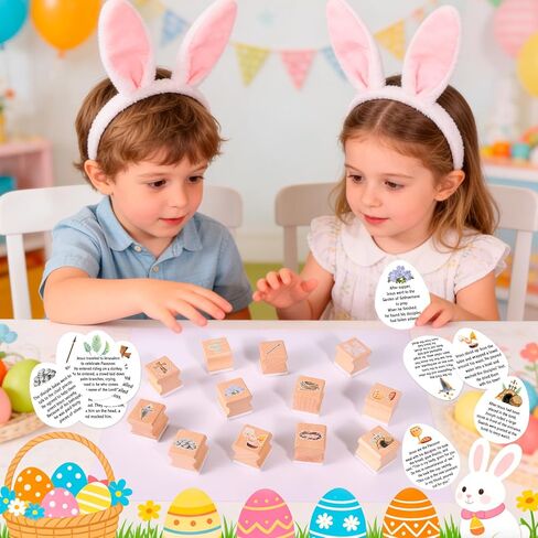 HOWAF Christian Easter Gifts Set, Include 12pcs Resurrection Eggs Stamps and 12 Religious Easter Story Cards for Resurrection Decoration, He is Riren Inking Stamps, Jesus Lives Story Rubber Stampers in Kuwait
