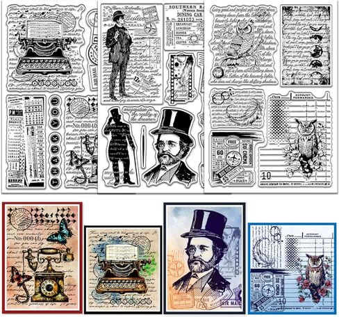 GLOBLELAND 3 Sheets Vintage Background Texture Clear Stamp for Scrapbooking Typewriter Telephone Silicone Stamps Gentleman Owl Transparent Stamp Set for Card Making DIY Embossing Journaling in Saudi Arabia
