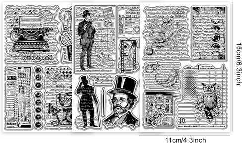 GLOBLELAND 3 Sheets Vintage Background Texture Clear Stamp for Scrapbooking Typewriter Telephone Silicone Stamps Gentleman Owl Transparent Stamp Set for Card Making DIY Embossing Journaling in Saudi Arabia