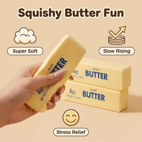 Winb Butter Squeeze Toy 2 pcs, Slow Rising Stress Relief Fidget, Realistic Salted Butter Stick Design, Light Yellow, Polyurethane Foam (2) in Saudi Arabia