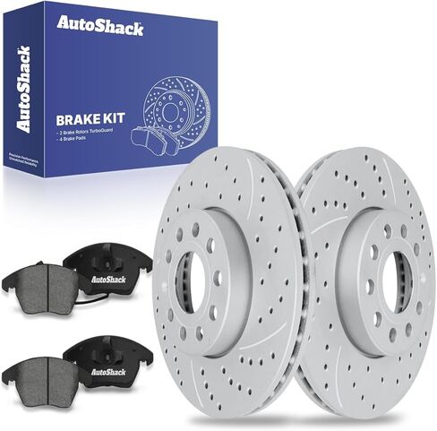 AutoShack Front Vented Drilled & Slotted Silver Zinc Coated Brake Rotors + Ceramic Pads 6-PC Brake Kit Replacement for 2005-2018 Volkswagen Jetta 2011-2013 Audi A3 SilverShield Pro 11.34" (288 mm) in Saudi Arabia