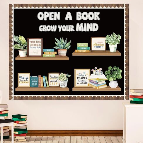 Pasimy Reading Bulletin Board Set Bookshelf Classroom Decor Motivational Greenery Potted Plant Eucalyptus Cutouts Grow Your Mind Bulletin Board for Back to School Teacher Office Chalkboard Wall Decor in Kuwait