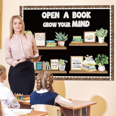 Pasimy Reading Bulletin Board Set Bookshelf Classroom Decor Motivational Greenery Potted Plant Eucalyptus Cutouts Grow Your Mind Bulletin Board for Back to School Teacher Office Chalkboard Wall Decor in Kuwait
