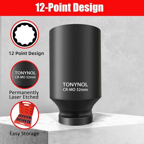 TONYNOL طقم مقبس عميق للمحرك 1/2 بوصة، 12 نقطة، 10 قطع، حجم متري (27-41 مم)، فولاذ Cr-Mo، عالي التحمل مع حقيبة تخزين in Kuwait
