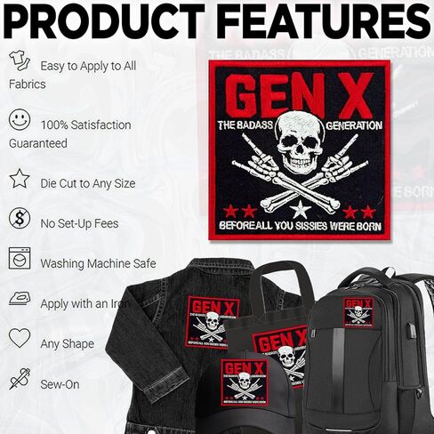 Badass Generation Gen X Patch 3 Inch Funny Skull Rock Hand Retro Quote Embroidered Patches Sew On Iron On for Backpack, Jacket, Hat DIY Clothes Gift in Kuwait