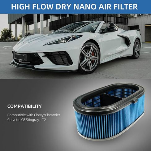 High Flow Dry Nano Air Filter, Blue Intake Upgrade for Chevrolet Corvette C8 Stingray LT2, Boosts Horsepower & Engine Protection in Saudi Arabia
