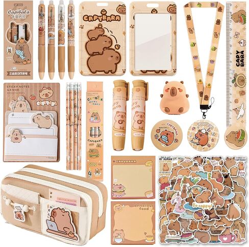 Cute Capybara School Supplies set ballpoint pens, pencil cse, sticky notes ，pencil sharpener，ruler，Badge，pencil，ID badge holder with lanyard，erasers， in Saudi Arabia