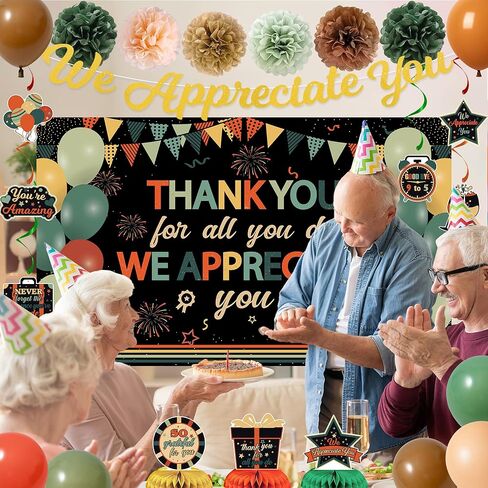 Vlipoeasn We Appreciate You Banner Decorations, Vintage Colorful Thank You for All You Do Backdrop Banner Honeycomb Centerpieces, Office Decor Staff Teachers Professors Doctor Nurses Appreciation in Kuwait
