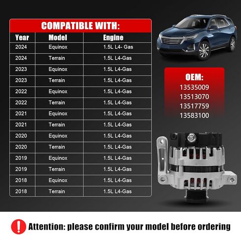 Alternator Compatible with 2018-2024 Equinox 1.5L, 2018-2024 Terrain 1.5L, 130A 12V 5-Groove Pulley Replace# 13535009 13513070 13517759 13583100 in Kuwait