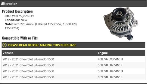 Alternator - 220 Amp - Compatible with 2019-2021 Chevy Silverado 1500 in Kuwait