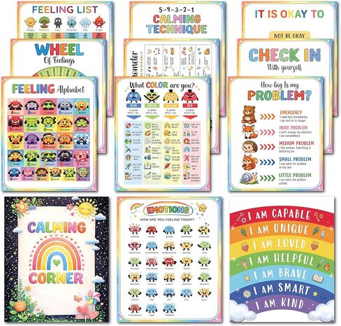 Calming Corner Posters 12 Pack, Calm Down Corner Supplies with Feelings Wheel, Emotional Regulation Tools for Kids, Preschool Classroom Must Haves, Educational Posters for Toddlers Wall Decor in Saudi Arabia