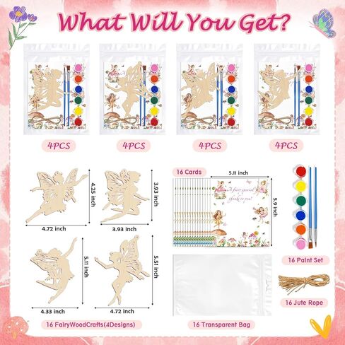 16 Pack Fairy Party Favors Kit, Wooden Fairy Cutouts with Hanging Holes & Paint & Thank You Card, Magical Party Decorations for Girls Guests DIY Crafts Thank You Gifts in Saudi Arabia