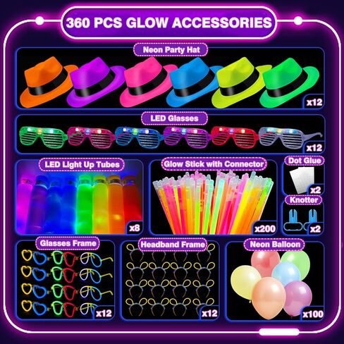 360PCS Glow in the Dark Party Supplies, Light Up Party Favors with Neon Hats, LED Glasses & Pop Tubes, Balloons, 200 Glow Sticks Light Up Accessories for Hora Loca Carnival 80's Neon Party Halloween in Saudi Arabia