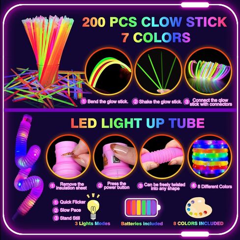 360PCS Glow in the Dark Party Supplies, Light Up Party Favors with Neon Hats, LED Glasses & Pop Tubes, Balloons, 200 Glow Sticks Light Up Accessories for Hora Loca Carnival 80's Neon Party Halloween in Saudi Arabia