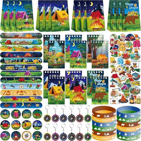 122PCS Camping Party Favors Set, 50 Stickers, 12 Mini Compasses, 12 Button Badges, 12 Mini Notepads, 12 Slap Bracelets, 12 Rubber Bracelets, 12 Goodie Bags for Camper Forest Picnic Adventure in Saudi Arabia