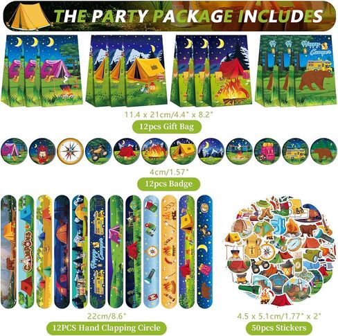 122PCS Camping Party Favors Set, 50 Stickers, 12 Mini Compasses, 12 Button Badges, 12 Mini Notepads, 12 Slap Bracelets, 12 Rubber Bracelets, 12 Goodie Bags for Camper Forest Picnic Adventure in Saudi Arabia